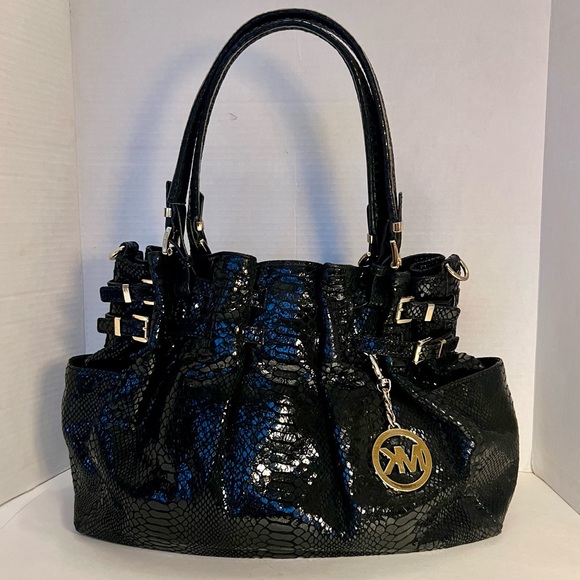 MICHAEL KORS Black Shiny Snake Skin Shoulder Bag Tote Purse Satchel - Picture 1 of 11